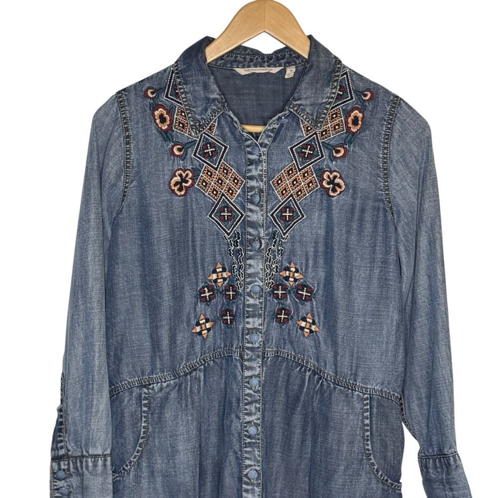 Soft Surroundings Embroidered Boho Hippie Flowy Denim Jean Tunic Size Medium